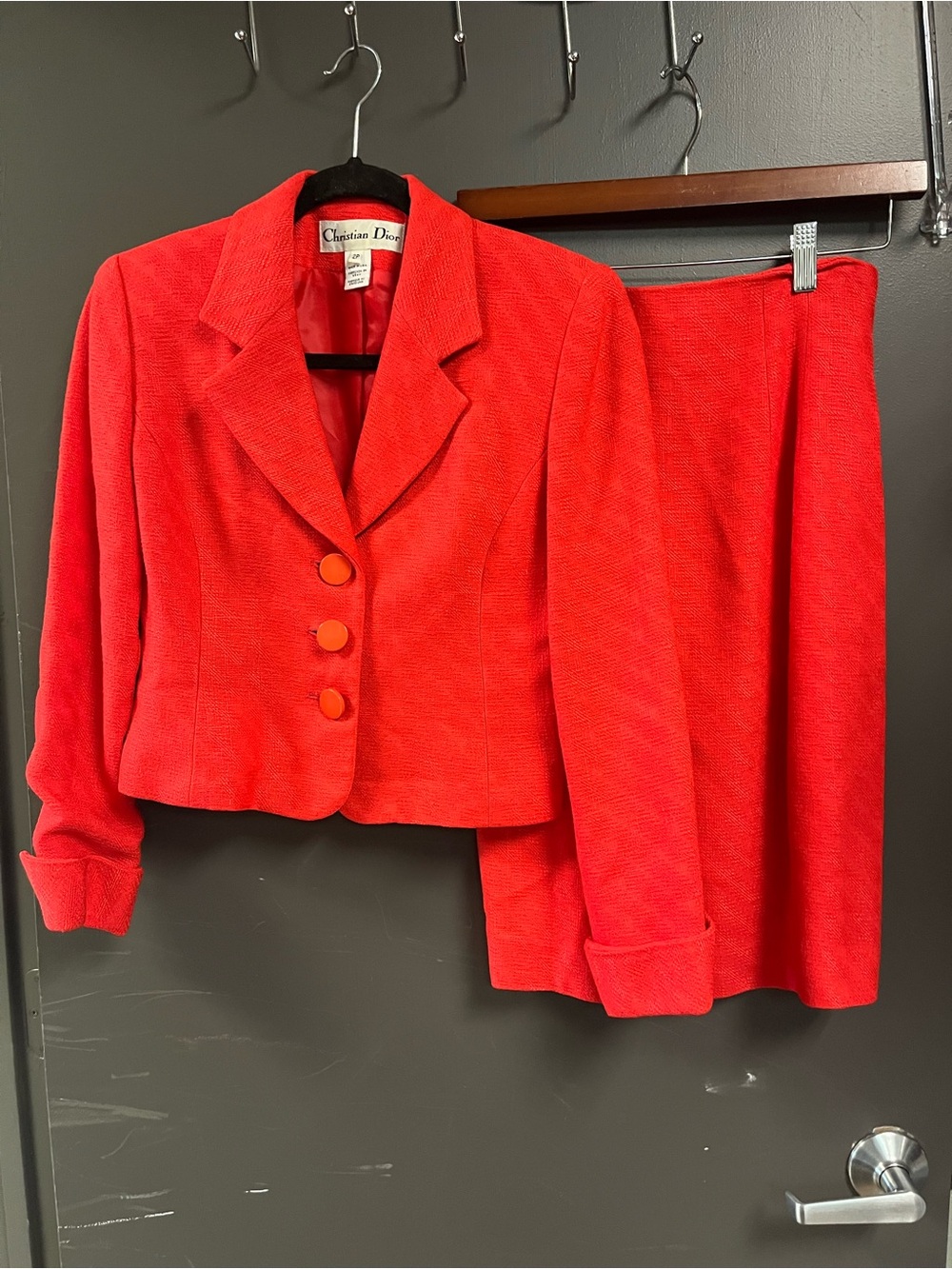 Dior Women's Bright Red Cropped Blazer and Skirt Set